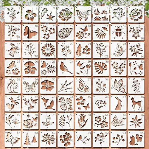 WJMY 64 Stück Wiederverwendbar Schablonen Set, 7.6 x 7.6cm Textilgestaltung Schablonen, Malschablonen für Scrapbooking DIY, Airbrush, Malerei. Plastikschablonen für Blumen und Tiere von WJMY