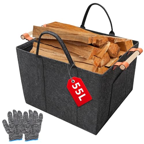 WJMY Holzkorb für Kaminholz Quadratisch, Kaminholzkorb Filz 55L(42x40x30cm), Faltbarer Brennholzkorb, Mit Holzgriff & Handschuhen, Extra Dicker Filz für Einkäufe und Brennholz von WJMY