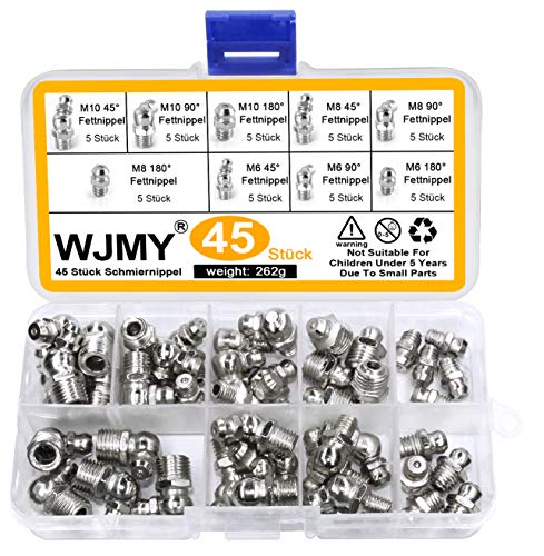 WJMY Schmiernippel Fettnippel Sortiment 45 Stücke M6 / M8 / M10 (metrisch) Kegelschmiernippel Set 180° Gerade abgewinkelt 45°90° von WJMY