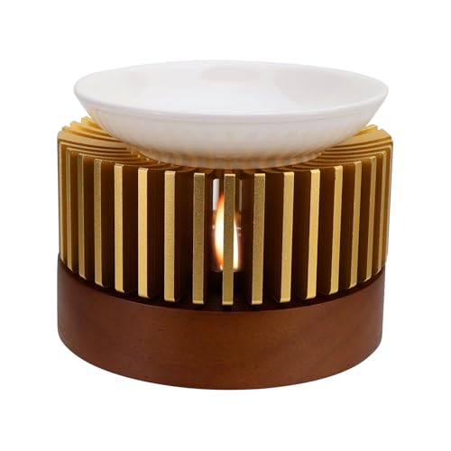 WJMY duftlampe für ätherische öle, duftlampe wachs, teelicht, räucherstövchen, Aroma Diffuser, Ø11cm, aus Aluminium, Mit Keramikschale, für Aromatherapie und Dekoration (Gold) von WJMY