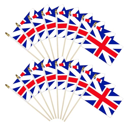 Kleine britische Flaggen auf Stab, Mini-England-Flaggen mit kindersicherer Speerspitze, 12,7 x 20,3 cm, Holzstange, Handstab, britische Flaggen für patriotische Dekorationen, Paraden, Partys, 16 Stück von WJQMF