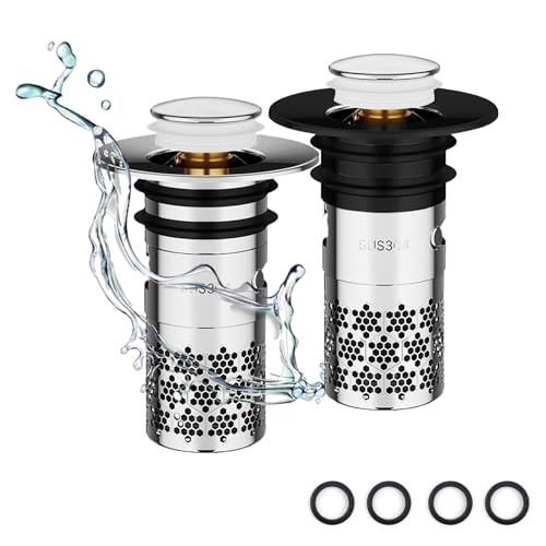 Pop-up Abflussstopfen mit 3-Stufen-System | 2 Stück Messingkern ABS & Edelstahl | Doppelte Silikondichtung + Sieb | Für 33-40 mm Waschbecken (Schwarz + Silber) von WJUAN