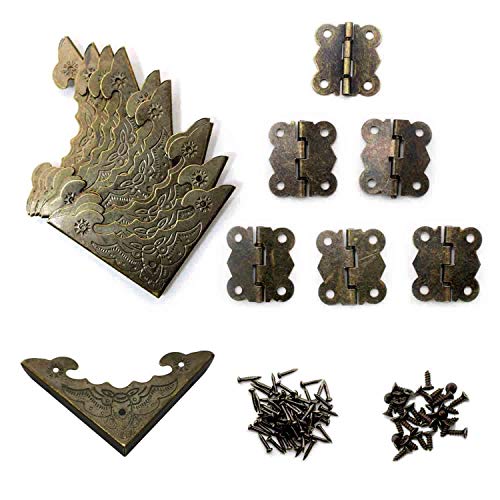 WJUAN 12 Stück Antik Design Holzkasten Schrank Jewelry Dekorative Box- Ecken und 6 Stück Vintage Scharnier (Einem Drehwinkel von 180 Grad), mit Genügend Feinen Bronzennägeln und Schrauben von WJUAN