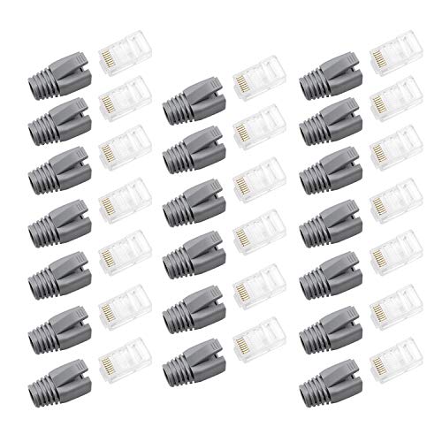 WJUAN 20 Stück Cat5e RJ45 Stecker und 20 Stück Grauer Schutzhülle, Cat5e-Netzwerkanschluss für Computer, Switches, Router Usw von WJUAN