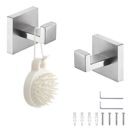 WJUAN Edelstahl Wandhaken für Handtücher & Kleidung (2er Set) – Robuste Garderobenhaken mit Bohrmontage – Rostfreie Haken für Bad, Flur & Schlafzimmer – Inkl. Dübel & Schrauben – Silber von WJUAN