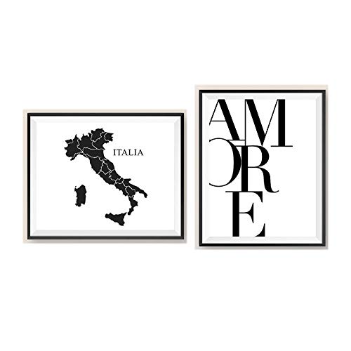 WJWGP Amore Love Quote Leinwand Bild Italien Stadtplan Schwarz Weiß Wandbilder Silhouette Poster & Kunstdrucke Wohnkultur 40x60cmx2 Kein Rahmen von WJWGP
