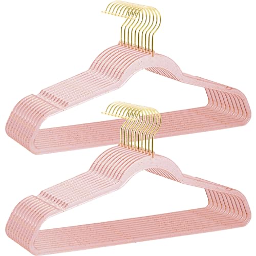 WJWSKI Kleiderbügel,Kleiderbügel Platzsparend 20 Stück, Bügel Goldener Haken 360° Drehbar，Kleiderbügel Plastik Transparent，Schöner Kristallfarbe Kleiderbügel mit Kleinen Pailletten (Rosa) von WJWSKI