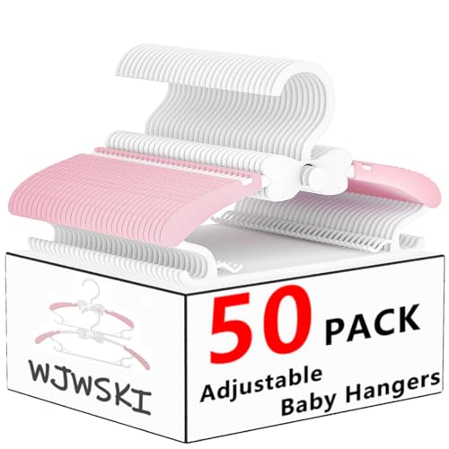 WJWSKI Kleiderbügel Kinder, 50 Stück 29-37CM Mitwachsende Kinderkleiderbügel Stapelbare Baby Kleiderbügel mit Hosenständer Platzsparend Kinderbügel rutschfeste Kunststoff Baby Bügel(Rosa) von WJWSKI