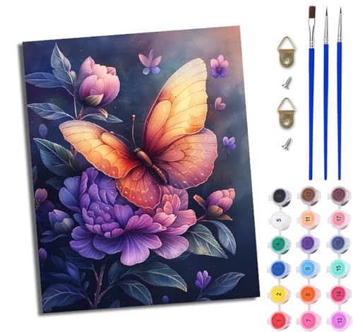 Malen Nach Zahlen Erwachsene Malen Nach Zahlen mit Pinseln und Acrylfarben Blumen Bunter Schmetterling einfaches DIY-Ölgemälde-Set auf Leinwand mit3- Pinseln und Acrylpigment lustiges Mit Rahmen von WJWWANG