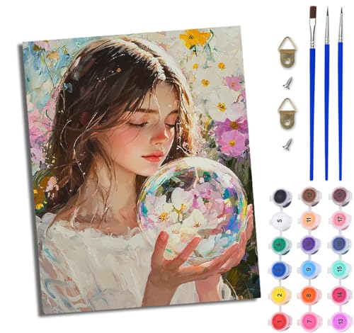 Malen Nach Zahlen Erwachsene Malen Nach Zahlen mit Pinseln und Acrylfarben Blumenkristallkugel Mädchen einfaches DIY-Ölgemälde-Set auf Leinwand mit3- Pinseln und Acrylpigment lustiges Mit Rahmen von WJWWANG
