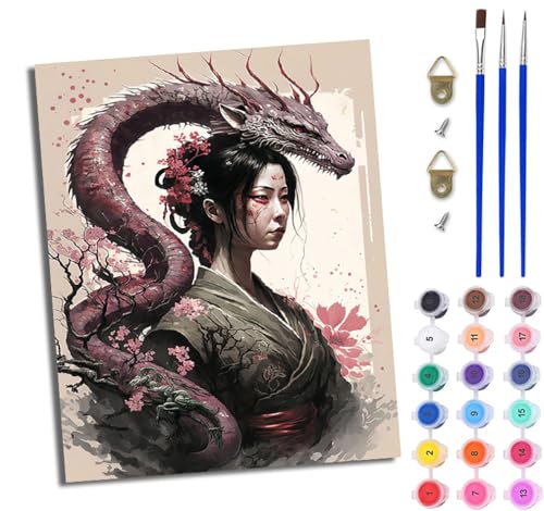 Malen Nach Zahlen Erwachsene Malen Nach Zahlen mit Pinseln und Acrylfarben Drachen im antiken Stil Mädchen einfaches DIY-Ölgemälde-Set auf Leinwand mit3- Pinseln und Acrylpigment lustiges Mit Rahmen von WJWWANG