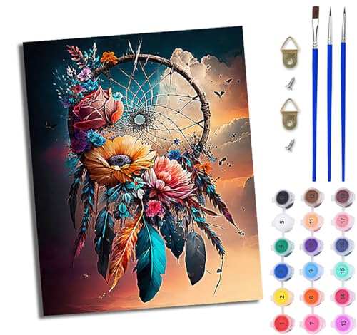 Malen Nach Zahlen Erwachsene Malen Nach Zahlen mit Pinseln und Acrylfarben Fantasie Traumfänger bunte Blumen einfaches DIY-Ölgemälde-Set auf Leinwand mit3- Pinseln und Acrylpigment lustiges Mit Rahmen von WJWWANG