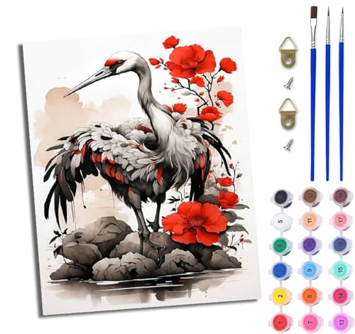 Malen Nach Zahlen Erwachsene Malen Nach Zahlen mit Pinseln und Acrylfarben rote Blumen Mandschurenkranich einfaches DIY-Ölgemälde-Set auf Leinwand mit3- Pinseln und Acrylpigment lustiges Mit Rahmen von WJWWANG