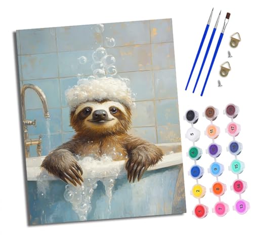 Malen nach Zahlen für Erwachsene Faultier beim Baden in der Badewanne einfaches DIY-Ölgemälde-Set auf Leinwand mit3- Pinseln und Acrylpigment lustiges 40 × 50 cm（Rahmenlos） von WJWWANG