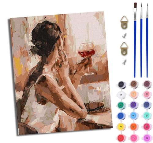 Malen nach Zahlen für Erwachsene Rotwein Mädchen zurück einfaches DIY-Ölgemälde-Set auf Leinwand mit3- Pinseln und Acrylpigment lustiges 40 × 50 cm（Rahmenlos） von WJWWANG
