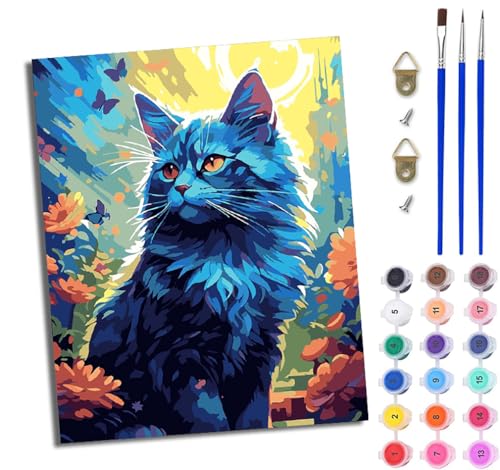 WJWWANG Malen Nach Zahlen Erwachsene Malen Nach Zahlen Blaues Kätzchen in Blumen DIY Handgemalt Ölgemälde Kit für Anfänger und Erwachsene Mit 3-Pinseln und Acrylfarbe Mit Rahmen 40X50CM von WJWWANG