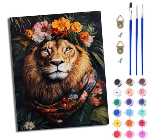 WJWWANG Malen Nach Zahlen Erwachsene Malen Nach Zahlen Blume Starker Löwe DIY Handgemalt Ölgemälde Kit für Anfänger und Erwachsene Mit 3-Pinseln und Acrylfarbe Mit Rahmen 40X50CM von WJWWANG