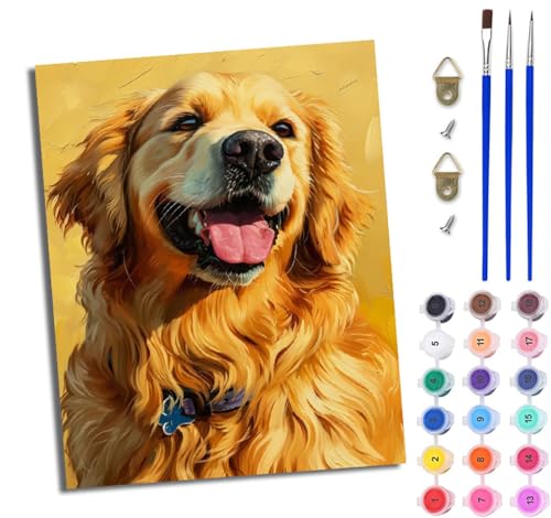 WJWWANG Malen Nach Zahlen Erwachsene Malen Nach Zahlen Glücklicher Golden Retriever DIY Handgemalt Ölgemälde Kit für Anfänger und Erwachsene Mit 3-Pinseln und Acrylfarbe Mit Rahmen 40X50CM von WJWWANG