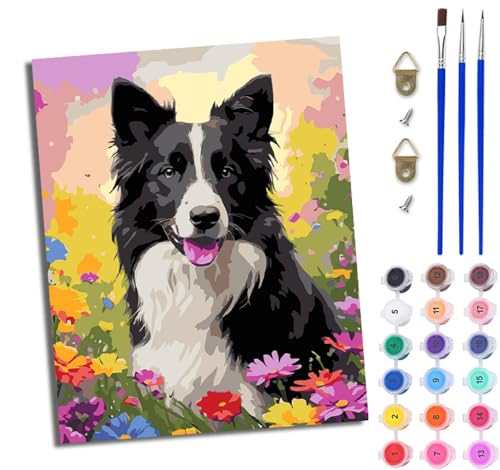 WJWWANG Malen Nach Zahlen Erwachsene Malen Nach Zahlen Glücklicher Welpe in den Blumen DIY Handgemalt Ölgemälde Kit für Anfänger und Erwachsene Mit 3-Pinseln und Acrylfarbe Mit Rahmen 40X50CM von WJWWANG