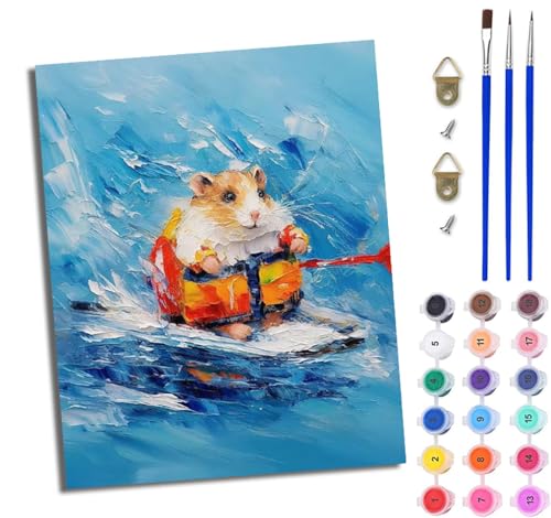 WJWWANG Malen Nach Zahlen Erwachsene Malen Nach Zahlen Niedlicher Hamster rudert DIY Handgemalt Ölgemälde Kit für Anfänger und Erwachsene Mit 3-Pinseln und Acrylfarbe Mit Rahmen 40X50CM von WJWWANG