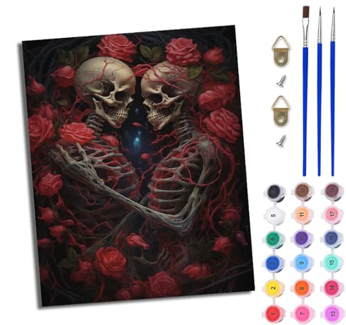 WJWWANG Malen Nach Zahlen Erwachsene Malen Nach Zahlen Rosenschädel-Paar DIY Handgemalt Ölgemälde Kit für Anfänger und Erwachsene Mit 3-Pinseln und Acrylfarbe Mit Rahmen 40X50CM von WJWWANG