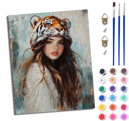 WJWWANG Malen Nach Zahlen Erwachsene Malen Nach Zahlen Tigerhut Mädchen DIY Handgemalt Ölgemälde Kit für Anfänger und Erwachsene Mit 3-Pinseln und Acrylfarbe Mit Rahmen 40X50CM von WJWWANG