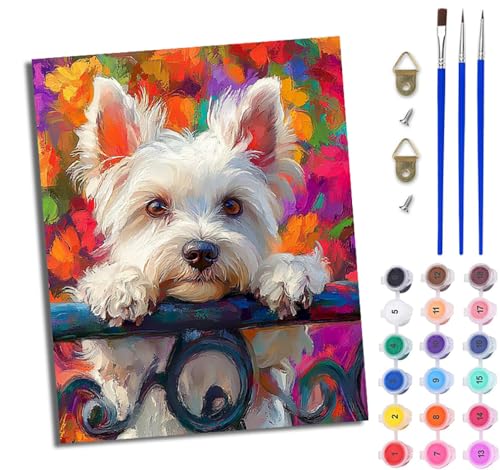WJWWANG Malen Nach Zahlen Erwachsene Malen Nach Zahlen West Highland Dog auf der Reling DIY Handgemalt Ölgemälde Kit für Anfänger und Erwachsene Mit 3-Pinseln und Acrylfarbe Mit Rahmen 40X50CM von WJWWANG