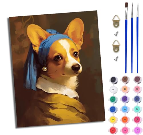 WJWWANG Malen Nach Zahlen ErwachseneCorgi mit Perlenohrringen DIY Handgemalt Ölgemälde Kit für Anfänger und Erwachsene Mit 3-Pinseln und Acrylfarbe Ohne Rahmen 40X50CM von WJWWANG