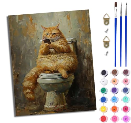 WJWWANG Malen Nach Zahlen ErwachseneKatze spielt mit Handy in der Toilette DIY Handgemalt Ölgemälde Kit für Anfänger und Erwachsene Mit 3-Pinseln und Acrylfarbe Ohne Rahmen 40X50CM von WJWWANG