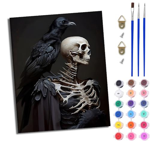 WJWWANG Malen Nach Zahlen ErwachseneTotenkopf und Krähe DIY Handgemalt Ölgemälde Kit für Anfänger und Erwachsene Mit 3-Pinseln und Acrylfarbe Ohne Rahmen 40X50CM von WJWWANG