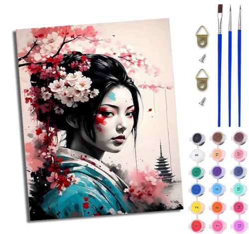 WJWWANG Malen nach Zahlen DIY Handgemalt Ölgemälde Set für Anfänger und Jugendliche Blumen Japanisches Mädchen Pinsel und Acrylfarbe 40x50 cm Mit Rahmen ideal als Geschenk oder zur Heimdekoration von WJWWANG
