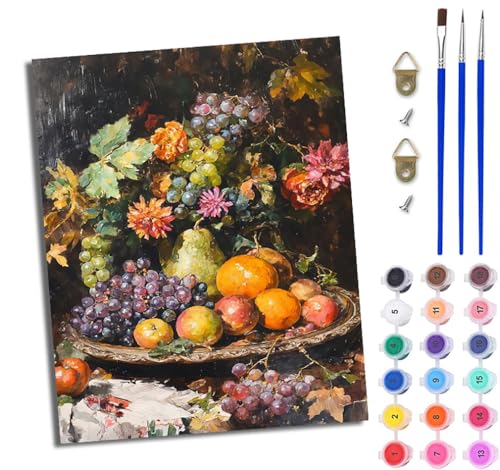 WJWWANG Malen nach Zahlen DIY Handgemalt Ölgemälde Set für Anfänger und Jugendliche Blumen-Trauben-Obstteller Pinsel und Acrylfarbe 40x50 cm Mit Rahmen ideal als Geschenk oder zur Heimdekoration von WJWWANG