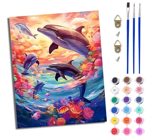 WJWWANG Malen nach Zahlen DIY Handgemalt Ölgemälde Set für Anfänger und Jugendliche Delphin Fantasie Blumen Pinsel und Acrylfarbe 40x50 cm ideal als Geschenk oder zur Heimdekoration von WJWWANG