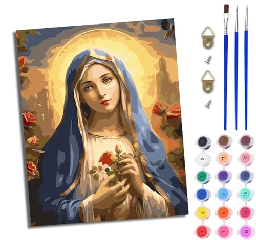 WJWWANG Malen nach Zahlen DIY Handgemalt Ölgemälde Set für Anfänger und Jugendliche Unsere Liebe Frau der Blumen Pinsel und Acrylfarbe 40x50 cm Mit Rahmen ideal als Geschenk oder zur Heimdekoration von WJWWANG