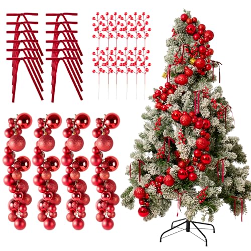 Weihnachtskugel-Girlande, Ornamente mit 12 Samtschleifen und 12 Beerenspießen, 120 Kugeln zum Aufhängen, bruchsicher, Weihnachtsdekoration, segmentierte Girlande für Weihnachtsbaumbedarf, 4 Stück Weihnachtskugel-Girlande, Ornamente mit 12 Samtschleifen und 12 Beerenspießen, 120 Kugeln zum Aufhängen, bruchsicher, Weihnachtsdekoration, segmentierte Girlande für Weihnachtsbaumbedarf, 4 Stück von WJXCYGG