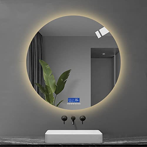 WJYCGFKJ Runder LED-Badezimmerspiegel mit Zeit-Temperatur-Anzeige und Berührungsschalter, dimmbarer 3-farbig beleuchteter Schminkspiegel mit integriertem Bluetooth-Lautsprecher, IP44-Schminkspiegel z von WJYCGFKJ