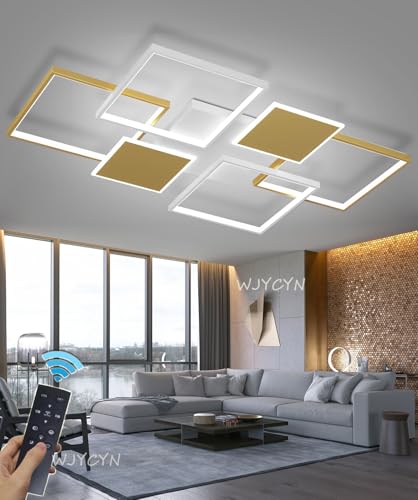 Dimmbar LED Deckenlamape Wohnzimmer Modern Geometrisch Deckenleuchten mit Fernbedienung Rechtecke Design Wohnzimmerlampe aus Aluminium Deckenbeleuchtung für Wohnzimmer Schlafzimmer (Gold, 110cm) von WJYCYN