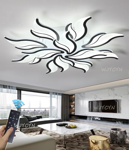 Dimmbar LED Deckenleuchte Modern Groß Wohnzimmerlampe Kreative Blumenform Design Schlafzimmer Küchen Deckenlampe mit Fernbedienung Deckenbeleuchtung Eisen Acryl Kronleuchter (Schwarz, 12 Heads,90cm) von WJYCYN
