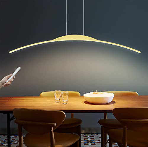 Dimmbar LED Pendelleuchte esstisch Hängeleuchte Moderne Esszimmerlampe mit Fernbedienung Bogen Design Hängelampe höhenverstellbar für esszimmer Arbeitszimmer Wohnzimmer Leuchten 70W, Gold, L150cm von WJYCYN