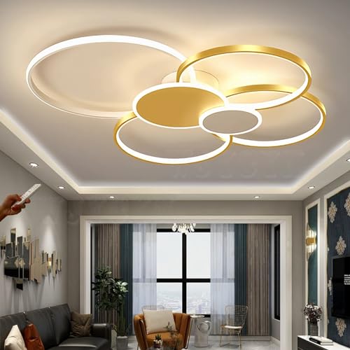 Dimmbare Große Wohnzimmer lampe LED Ring Weiß & Gold Deckenleuchte L100cm Moderne Schlafzimmerleuchten mit Fernbedienungen Deckenbeleuchtung Metall Acryl Deckenlampe Büro Speisesaal 6Flammen 98W von WJYCYN