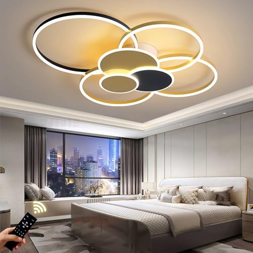 Dimmbare Große Wohnzimmer leuchte LED Ring Gold & Schwarz Deckenleuchte 80W Moderne Schlafzimmerleuchten mit Fernbedienungen Deckenbeleuchtung Metall Acryl Deckenlampe Büro Speisesaal 7 Flammen L80cm von WJYCYN