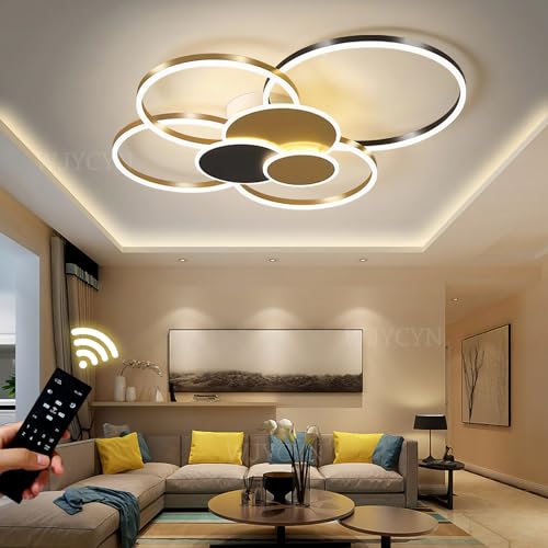 Dimmbare Große Wohnzimmer leuchte LED Ring Deckenleuchte Moderne Schlafzimmerleuchten mit Fernbedienungen Deckenbeleuchtung Metall Acryl Deckenlampe Büro Speisesaal (Gold & Schwarz, 7 Flamme 100W) von WJYCYN