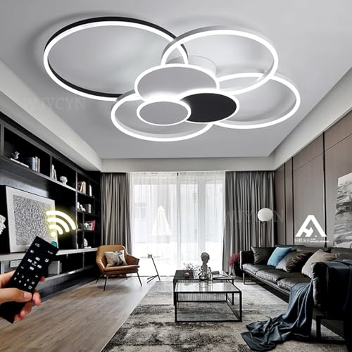 Dimmbare Große Wohnzimmer leuchte LED Ring Deckenleuchte Moderne Schlafzimmerleuchten mit Fernbedienungen Deckenbeleuchtung Metall Acryl Deckenlampe Büro Speisesaal (Weiß & Schwarz, 7 Flamme 100W) von WJYCYN
