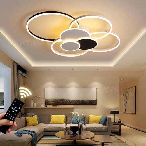 Dimmbare Große Wohnzimmer leuchte LED Ring Deckenleuchte Moderne Schlafzimmerleuchten mit Fernbedienungen Deckenbeleuchtung Metall Acryl Deckenlampe Büro Speisesaal (Weiß & Schwarz, 6 Flammen 80W) von WJYCYN