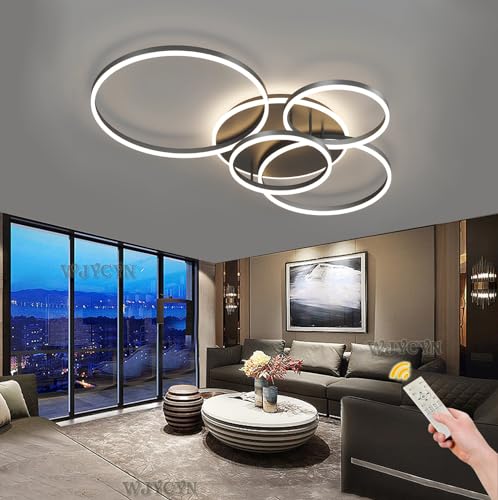 Dimmbare LED Deckenleuchte groß Wohnzimmerlampe 90W 5800LM Schwarz Modern 5-Ring Deckenlampe mit Fernbedienung Kreative Metall Acryl Design Beleuchtung für Wohnzimmer Schlafzimmer Esszimmer 100cm von WJYCYN