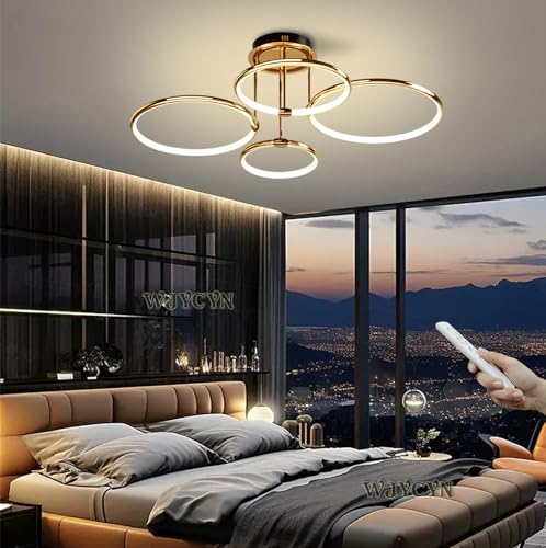 LED Deckenleuchte Dimmbar Gold Ring Moderne Deckenlampe mit Fernbedienung Metall-Acryl Runde Kronleuchter Wohnzimmer Küche Schlafzimmer Büro Esszimmer Lampe Dekoration Beleuchtung 4 Ring/84W/75cm von WJYCYN