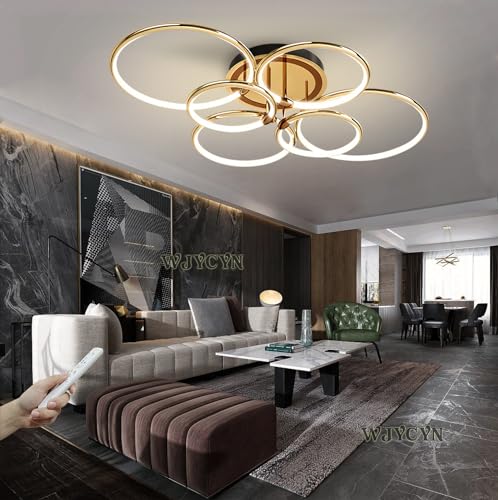 LED Deckenleuchte Dimmbar Gold Ring Moderne Deckenlampe mit Fernbedienung Metall Acryl Runde Kronleuchter Wohnzimmer Küche Schlafzimmer Büro Esszimmer Lampe Dekoration Beleuchtung 6 Rings/144W/110cm von WJYCYN