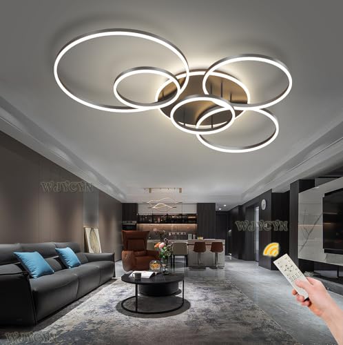 LED Dimmbare Deckenleuchte groß Wohnzimmerlampe Schwarz 118W 7600LM Modern 6-Ring Deckenlampe mit Fernbedienung Kreative Metall Acryl Design Beleuchtung für Wohnzimmer Schlafzimmer Esszimmer 120cm von WJYCYN