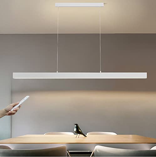 WJYCYN LED Hängeleuchte esstisch Pendelleuchte Weiß Langer Streifen dimmbar mit Fernbedienung pendellampe Moderne linear Design höhenverstellbar Kronleuchter für Büro Bar Esszimmer Küche L120cm，48W von WJYCYN