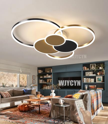WJYCYN Modern LED Deckenleuchte Dimmbar Deckenlampe Ring Wohnzimmerlampe Mit Fernbedienung Metall Acryl Innen Schlafzimmerlampe Deckenbeleuchtung für Wohnzimmer Schlafzimmer (Schwarz+Gold, 80cm) von WJYCYN